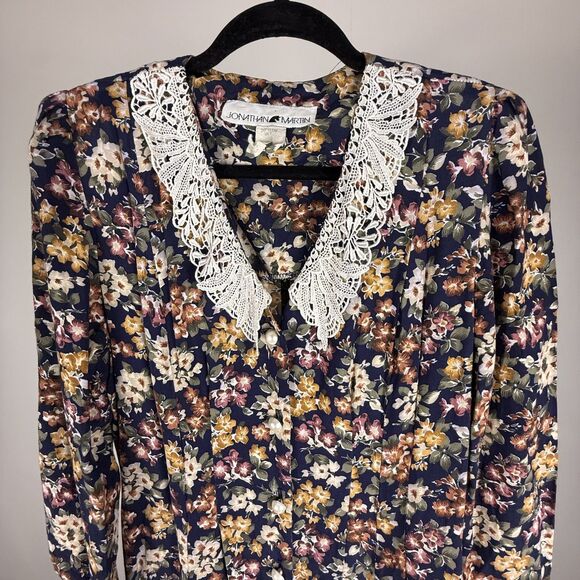 Vintage 80s 90s Floral Dress w/ Lace Collar Puff Sleeves, Romantic Prairie Style - Picture 10 of 11